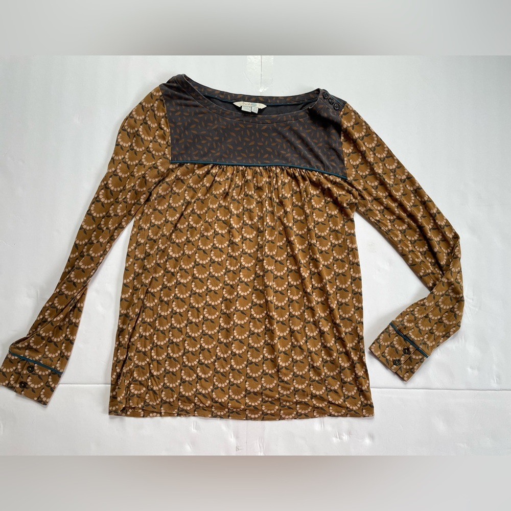 Boden Brown Patterned Long-Sleeve Top with Dark Yoke